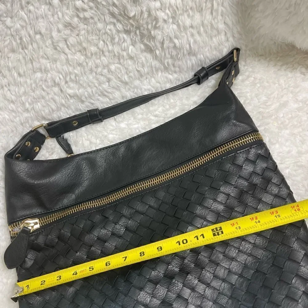 Madison West black faux leather basket weave large hobo bag gold tone hardwares